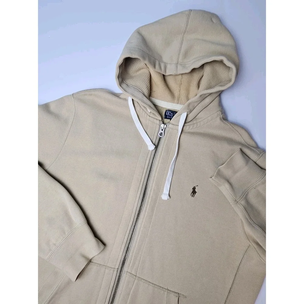Polo Ralph Lauren Men's Full Zip Fleece Lined Waffle Knit Hoodie Beige Large